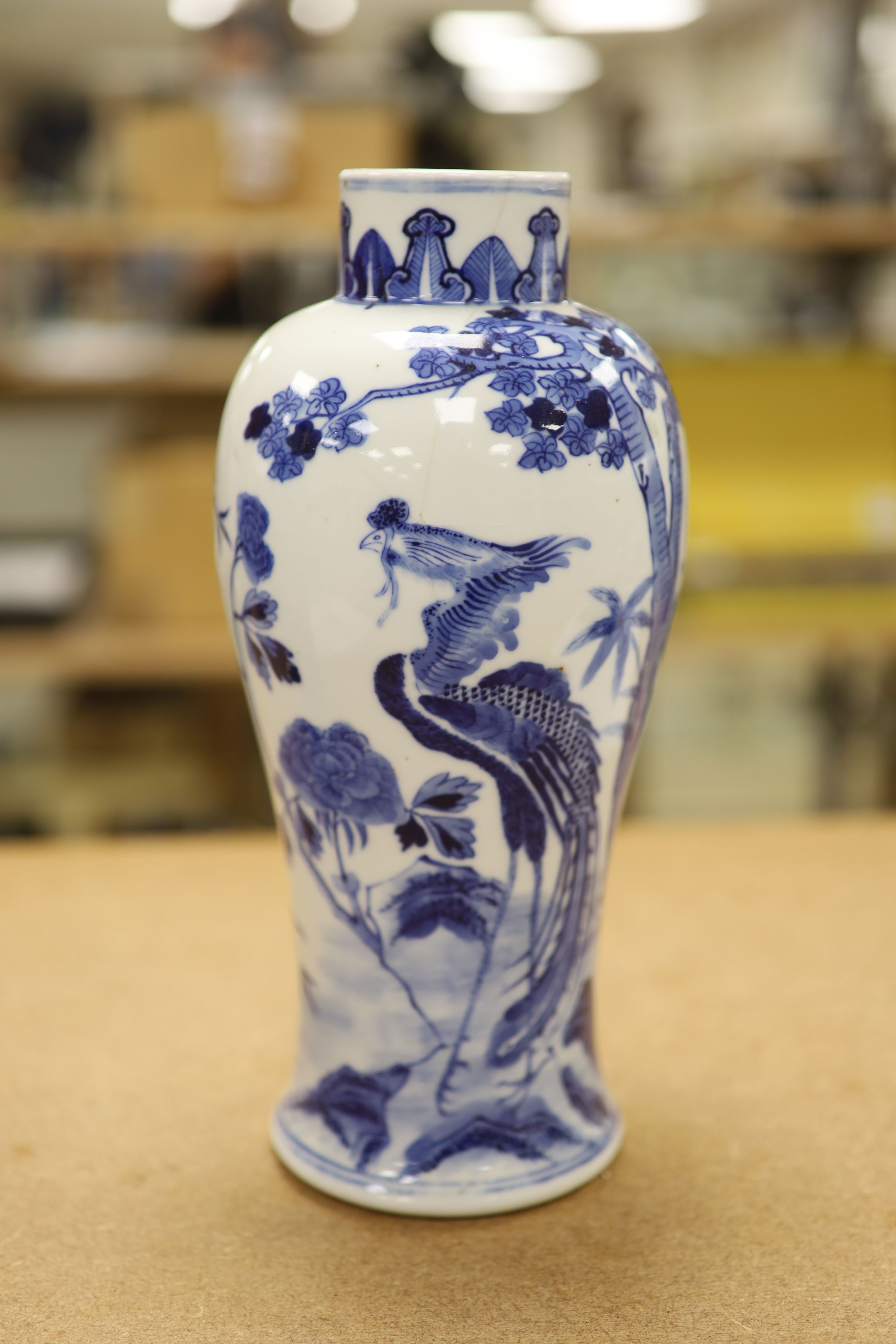 Two 19th century Chinese blue and white vases, decorated with phoenix, tallest 28cm (a.f)